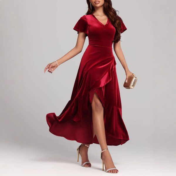 Autumn Winter Elegant Sexy Red Velvet Formal Dress - Image 2