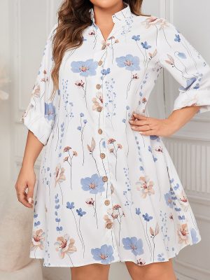 Plus Size White Printed Loose Mid-Length Dress for Spring