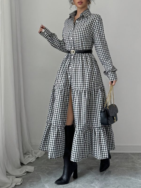 Spring Summer Plaid Shirt Dress with Collared Long Sleeves - Image 3