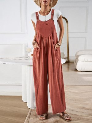 Solid Color Loose Wide-Leg Suspender Pants for Women