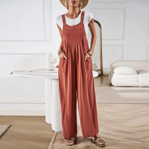 Solid Color Loose Wide-Leg Suspender Pants for Women