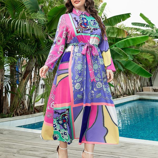 Plus Size Tropical Color-Block Printed Collared Maxi Shirt Dress