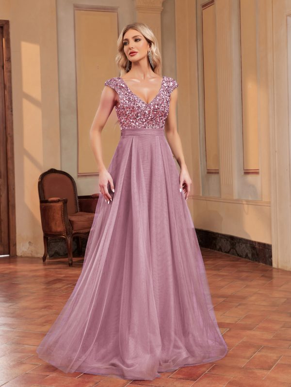 V Neck Sequined Tulle A-Line Floor Length Prom Evening Dress - Image 4