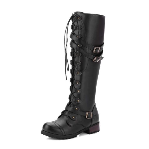 Women's Tall Leather Boots with Buckle and Rivets - Image 3