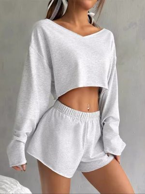 Women’s Autumn Winter Long Sleeve Blouse & Shorts Two-Piece Set