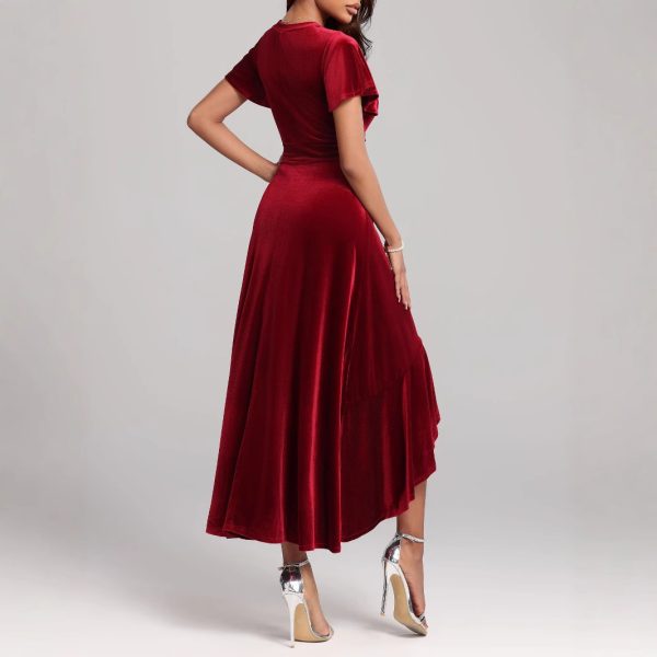 Autumn Winter Elegant Sexy Red Velvet Formal Dress - Image 3