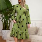 Plus Size Polka Dot Slim Fit Lace-Up Lotus Leaf Dress