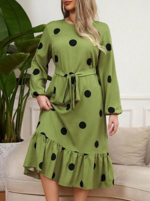 Plus Size Polka Dot Slim Fit Lace-Up Lotus Leaf Dress