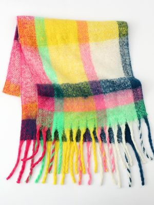 Women’s Autumn Winter Thickened Plaid Scarf, Warm Yarn Tassel Shawl