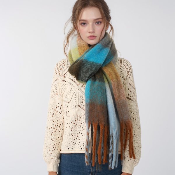 Autumn Winter Women Mohair Cashmere Plaid Warm Thickened Scarf - Image 4