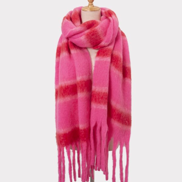 Thickened Circle Yarn Cashmere Scarf with Tassels & Stripes - Image 3