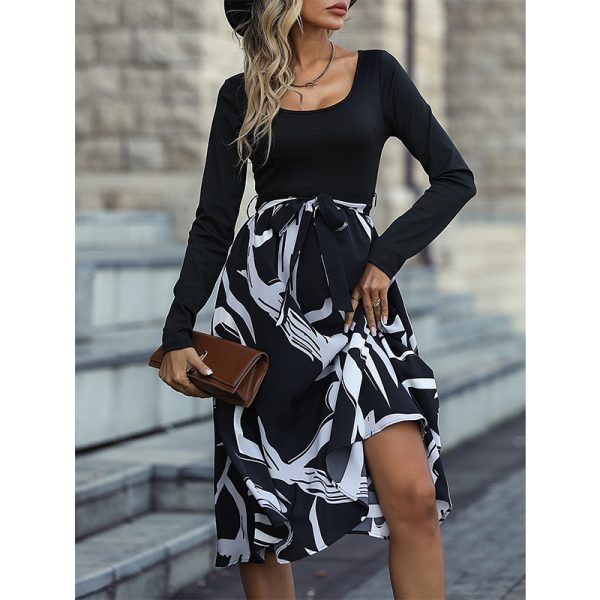 Elegant Long Sleeve Square Collar High Waist Printed Dress - Image 2