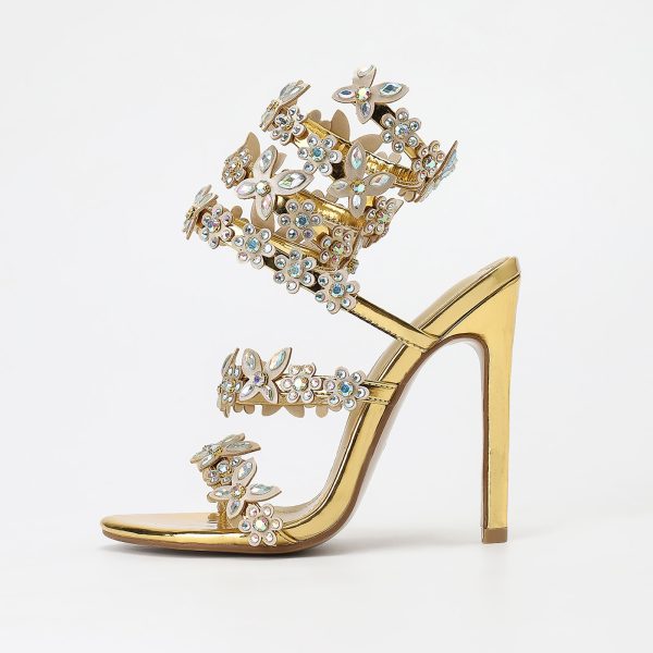 Gold Silver Satin Stiletto Sandals with Floral Rhinestones - Image 3