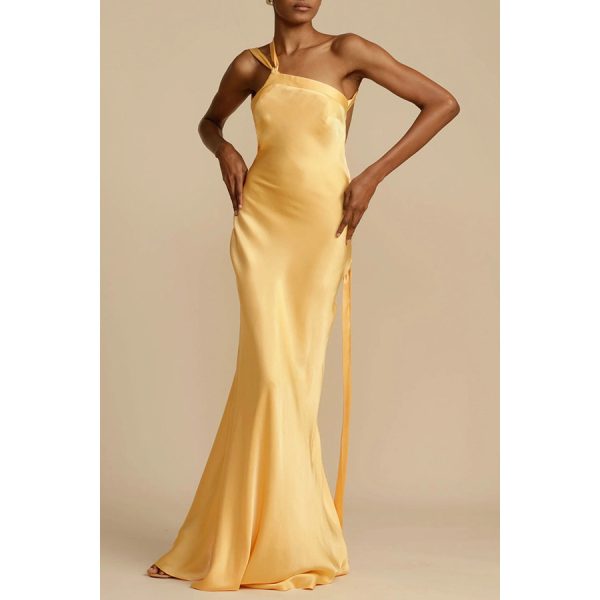 Women's Slim-Fit Oblique Shoulder Satin Party Dress