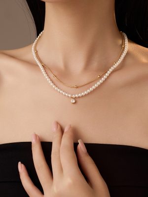 Pearl Double Chain Zircon Titanium Steel Clavicle Necklace