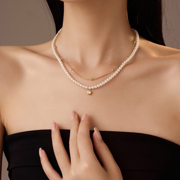 Pearl Double Chain Zircon Titanium Steel Clavicle Necklace