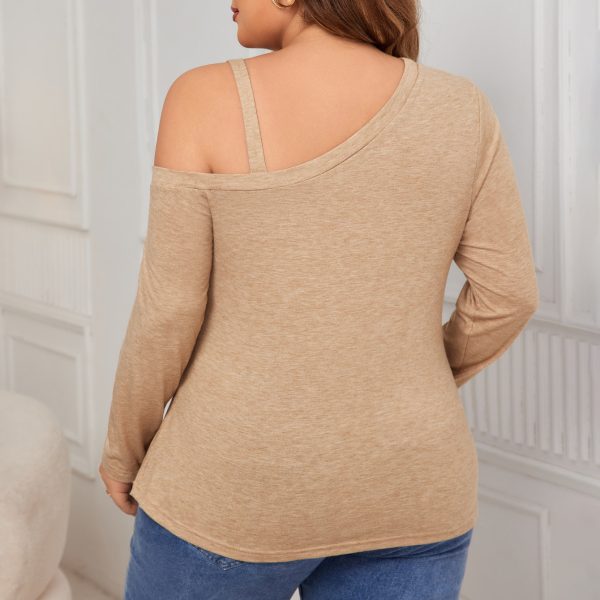 Plus Size Oblique Shoulder Loose Pullover Knitwear with Long Sleeves - Image 4