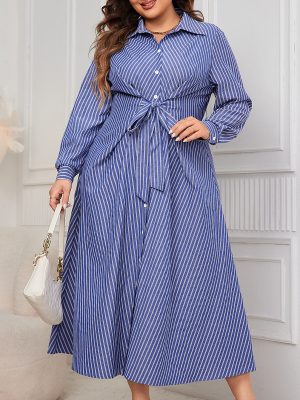 Plus Size Striped Lace-Up Slimming Long Sleeve Dress for Women