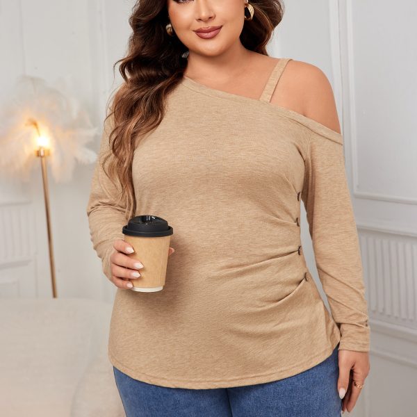 Plus Size Oblique Shoulder Loose Pullover Knitwear with Long Sleeves - Image 3