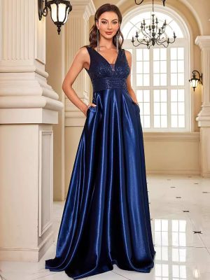 Deep V Plunge Sequin Fishtail Backless Bridesmaid Evening Dress