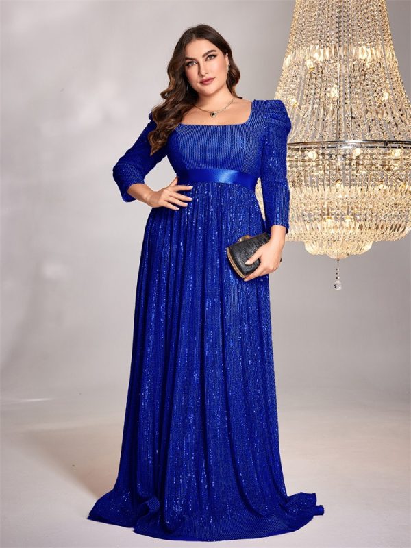 Plus Size Blue Sequin Long Sleeve Evening Cocktail Dress - Image 2