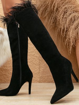 Spring Suede Pointed Toe Stiletto Boots with Feather Detail