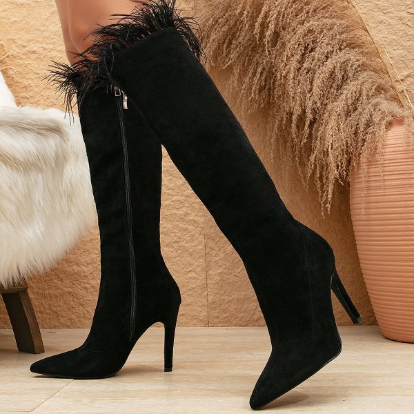 Spring Suede Pointed Toe Stiletto Boots with Feather Detail