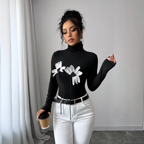 Black Sexy Turtleneck Floral Appliqué Long Sleeve Fitted Top for Women - Spring Fashion - Image 3