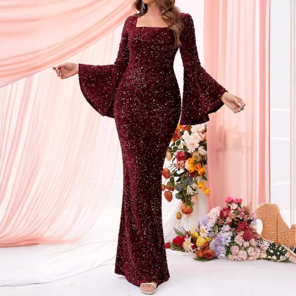 Sexy Square Neck Bell Sleeve Burgundy Dinner Dress - Image 2