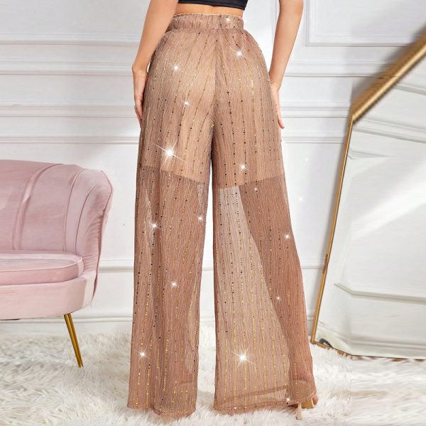 Apricot Sequin Gauze Hollow Out High Waist Wide Leg Pants - Image 4