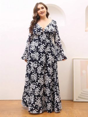 Plus Size Winter Floral Long Sleeve Slim Fit Flared Sleeves Dress