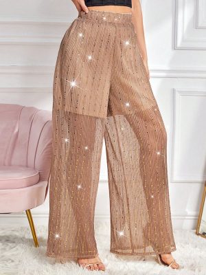 Apricot Sequin Gauze Hollow Out High Waist Wide Leg Pants