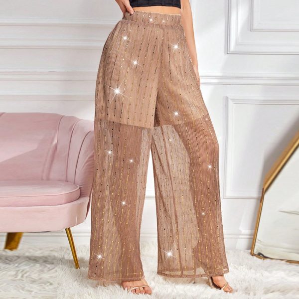 Apricot Sequin Gauze Hollow Out High Waist Wide Leg Pants