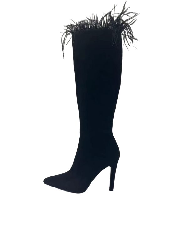 Spring Suede Pointed Toe Stiletto Boots with Feather Detail - Image 3