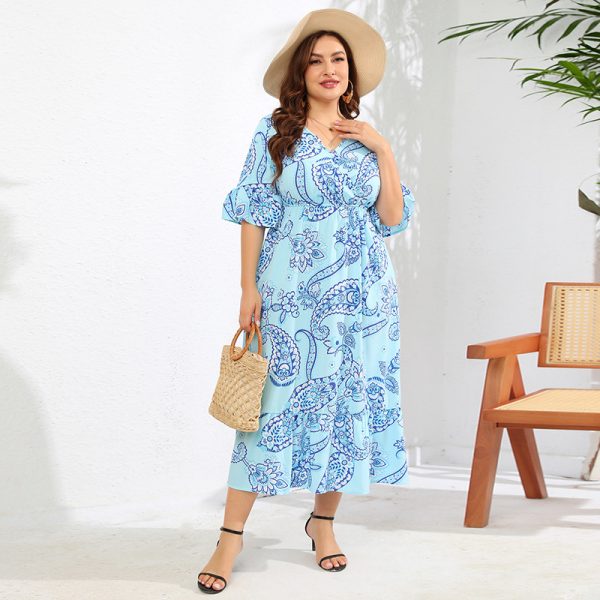 Paisley Print Bell Sleeve Long Beach Dress – Seaside Holiday Maxi Dress - Image 4