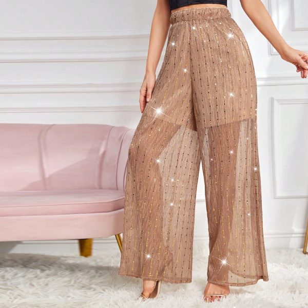 Apricot Sequin Gauze Hollow Out High Waist Wide Leg Pants - Image 2