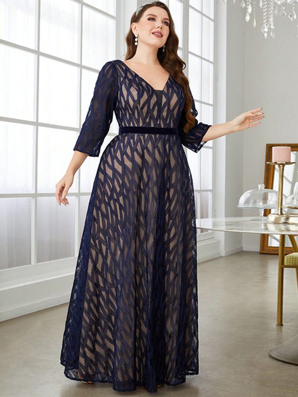 V-Neck Lace Embroidered Mid Long Sleeve Big Hem Elegant Dance Party Dress for Summer - Image 2