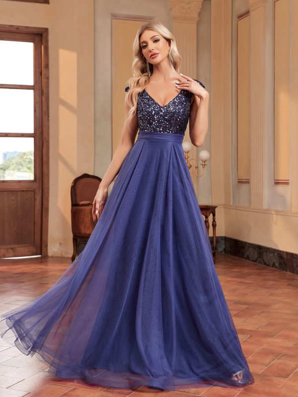 V Neck Sequined Tulle A-Line Floor Length Prom Evening Dress - Image 2