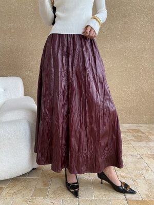 Women’s Red Faux Leather Pleated Skirt – High-Waist Vintage Style