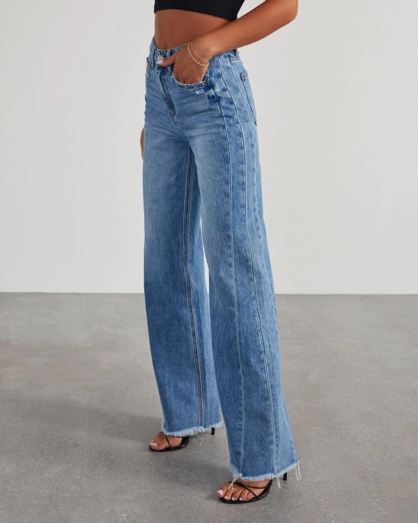 Women’s Wide-Leg Frayed Hem Jeans – Loose Fit with Side Seam Stitching - Image 2