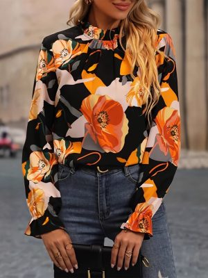 Spring Floral Print Chiffon Long Sleeve Pullover Shirt