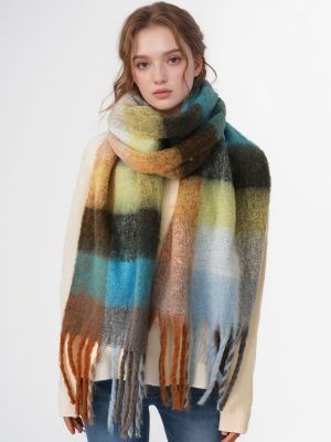 Autumn Winter Women Mohair Cashmere Plaid Warm Thickened Scarf