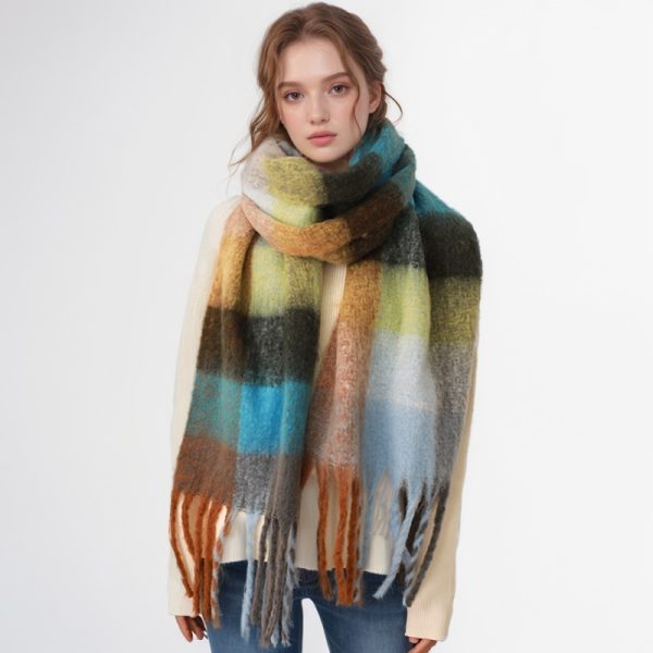 Autumn Winter Women Mohair Cashmere Plaid Warm Thickened Scarf