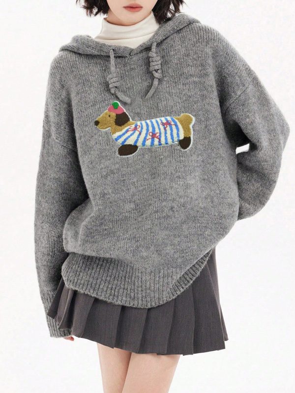 Women's Sausage Dog Embroidered Hooded Pullover Sweater - Image 2