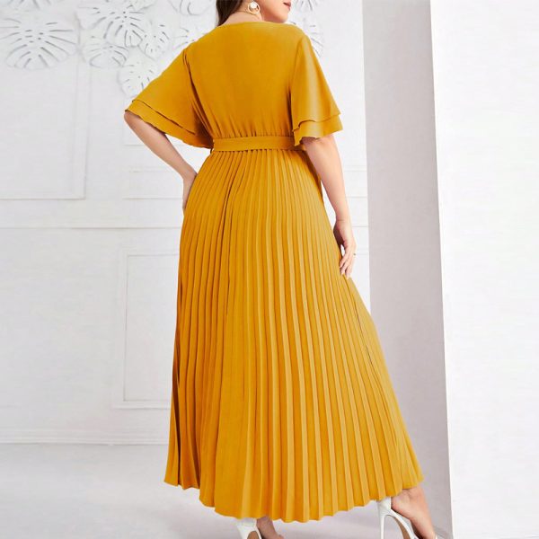 Plus Size Summer Square Collar Lace-Up Swing Pleated Dress - Image 2