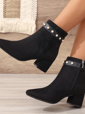 Black Pearl Microfiber Ankle Boots for Women, Pointed Toe, Chunky Heel