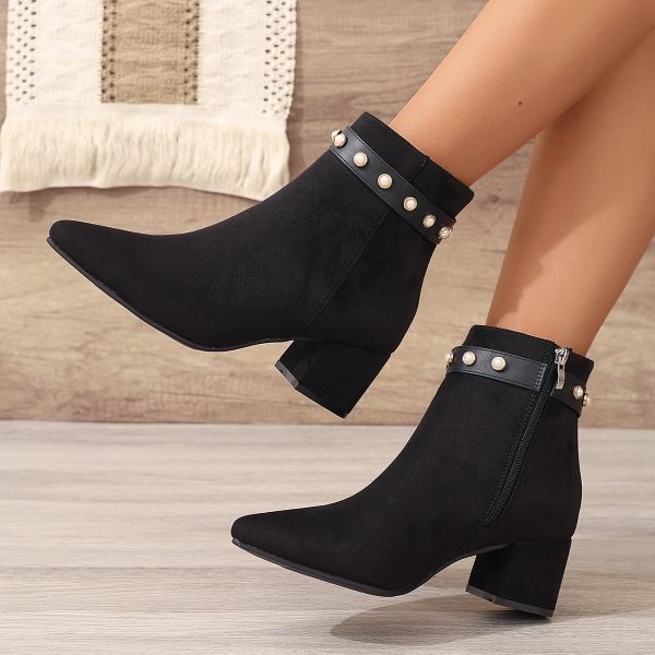 Black Pearl Microfiber Ankle Boots for Women, Pointed Toe, Chunky Heel