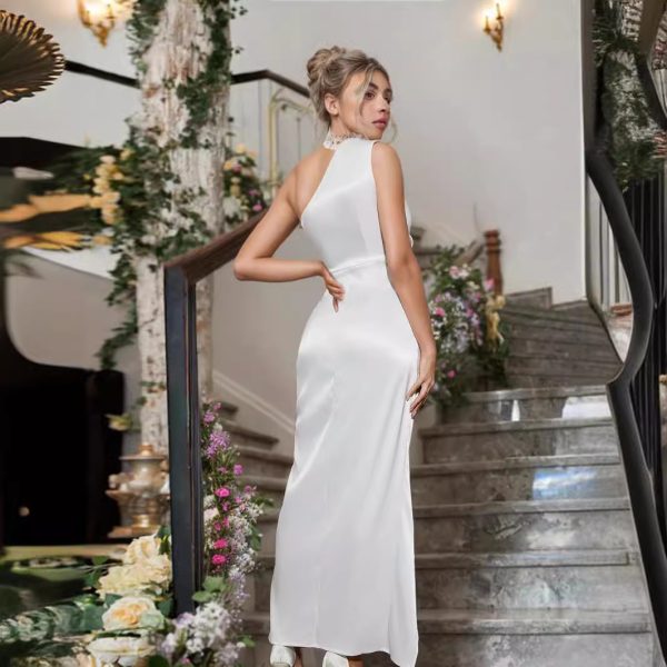 Sexy One Shoulder Asymmetric Woven White Evening Dress for Women - Image 2