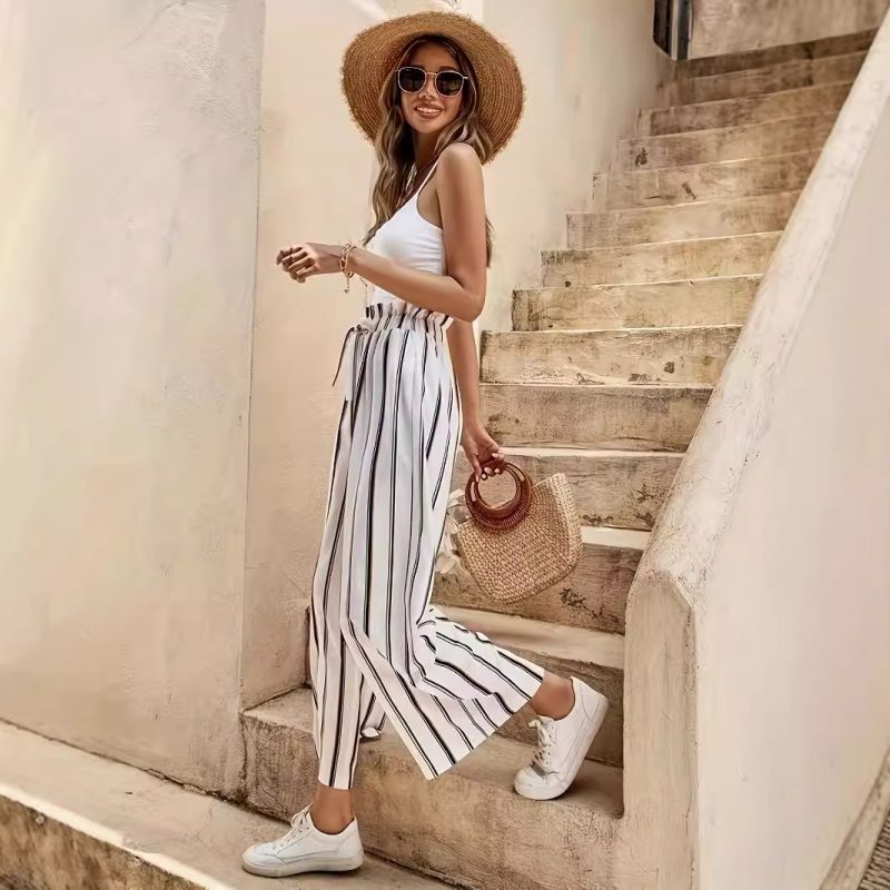 Summer Women High Waist Striped Wide Leg Pants Casual Loose Slimming - Image 3