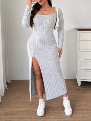 Plus Size Women’s Slim Fit Slit Midi Dress for Autumn Winter